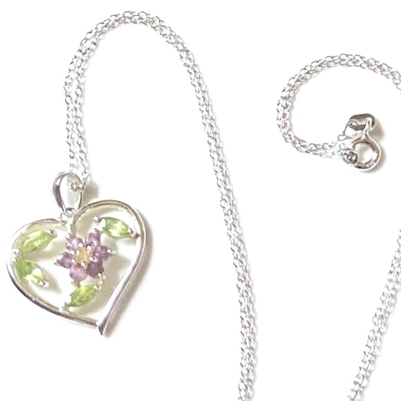 Sterling Silver Multi Gemstone Heart Necklace - Picture 1 of 7